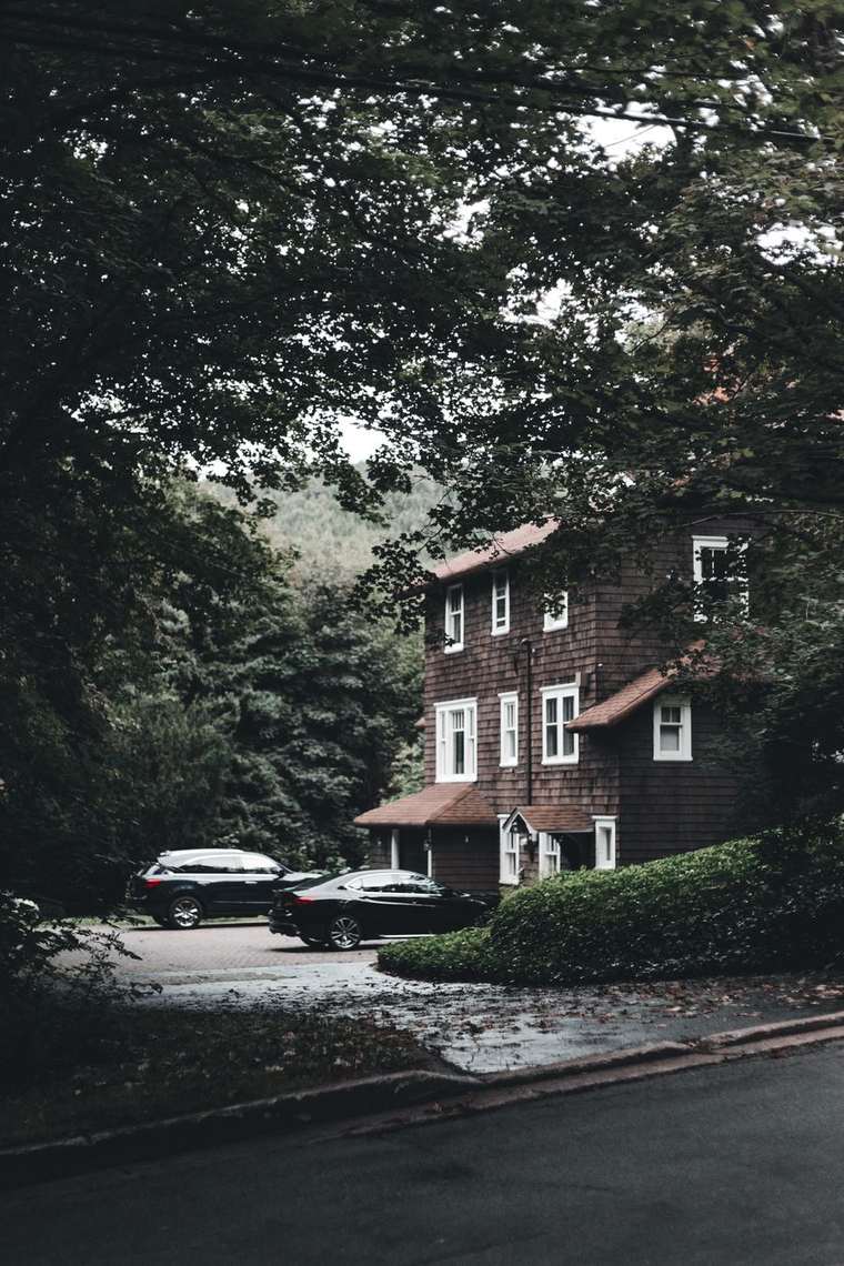 A house tucked into the woods with cars in the drive