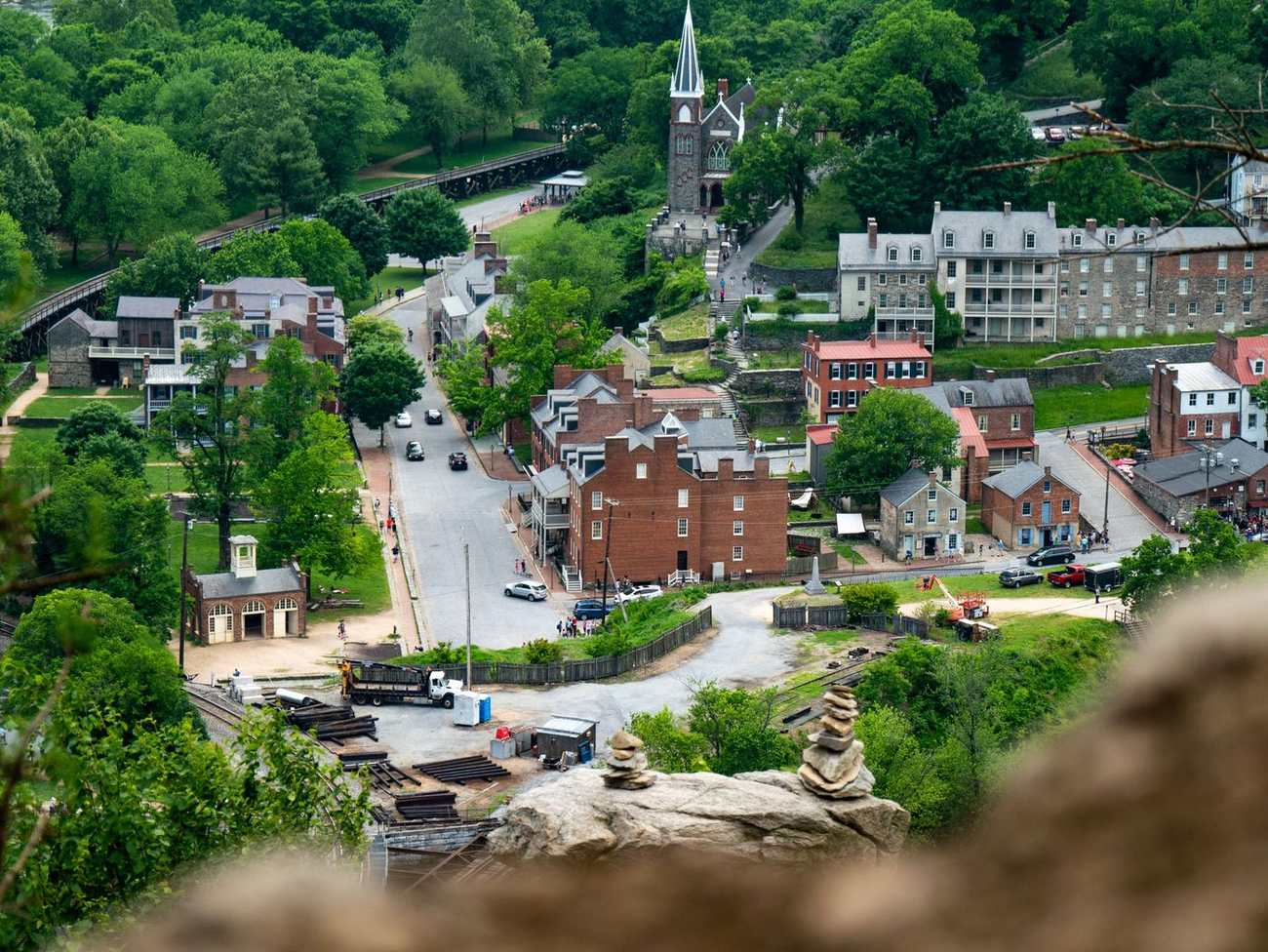 Green hills and a river town in Jefferson County, West Virginia